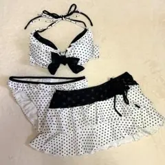 白黒ドット柄│セパレート水着│ビキニ│スカート コサージュ付き│9号