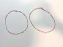 ハンドメイド ビーズネックレス ピンク、黄緑 桜 2個セット