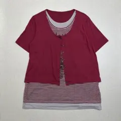 ヴィアンテ 重ね着風 カットソー ボーダー ビッグプリント ワインレッド　半袖