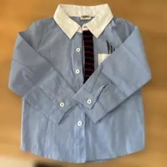 青い長袖シャツ ネクタイ風付き