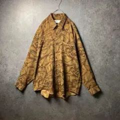 VINTAGE　長袖シャツ　柄シャツ　総柄　ブラウン　レトロ　古着