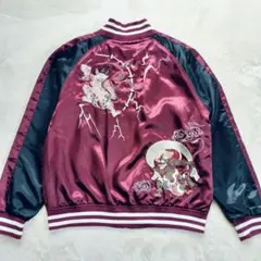 【圧巻の刺繍】スカジャン 風神雷神 赤紫色×黒 ポリエステル 薄手 Mサイズ