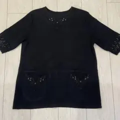 ハンドメイド　五分袖　チュニック　刺繍　ポケット付　ブラック