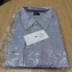 青系チェック柄コットン長袖ドレスシャツ