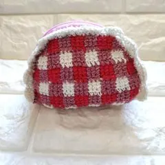 アフガン編み　フリルポーチ　【ホワイト×オーキッドピンク×ローズレッド】