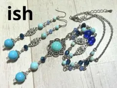 【A156】ishアリゾナターコイズ・カットグラスネックレス＆ピアス