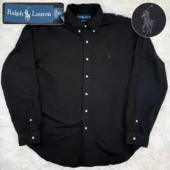 【希少】90s ラルフローレン コットン シャツ 黒 同色ロゴ 刺繍 XL 古着
