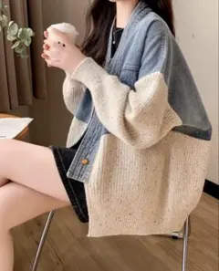 未着用　デニム・ニットコンビ カーディガン　デニム切替　ネップニット　デニム襟