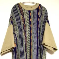 Used古着 3D ニットセーター 半袖 マルチ L ビッグシルエット