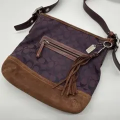 COACH コーチ　紫　ショルダーバッグ　キャンバス　レザー　フリンジ