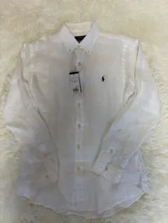 【新品未使用】ラルフローレン (M) 刺繍ロゴ リネン100% 長袖 シャツ 白