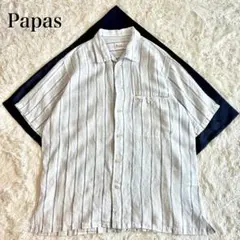 Papas パパス リネン100 半袖シャツ L 麻 ストライプ オープンカラーのサムネイル