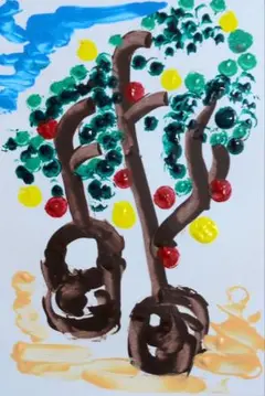 抽象画。木と果物。アクリル画。手描きイラスト。ハガキ。