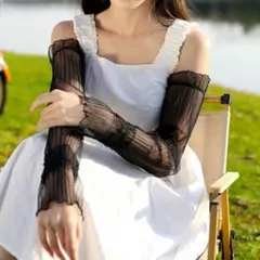 アームカバー 黒 レース シアー ロング 紫外線 UVカット 日除け　オシャレ