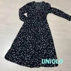 【お値下げ】UNIQLO 花柄 ロングワンピース 長袖 ブラック　白い小花　M