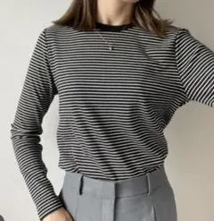 新品タグ付ユニクロ　レディースM　ソフトリブボーダークルーネックT長袖ブラック