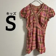 キッズ チェック柄ブラウス 半袖 パフスリーブ ピンク オレンジ【S】Ｖネック