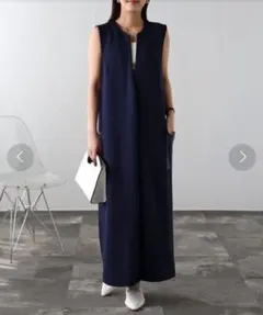 サガン フェイクレザーポケットディープVネックロング丈ワンピース