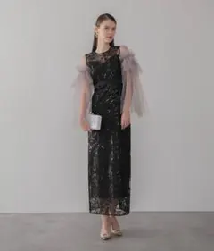 LEJA フラワーレースシアーフリルマーメイドワンピースドレス ブラック
