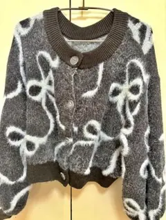 Tiptop リボン柄　フェザー　ニット　カーディガン　グレー　ブラック