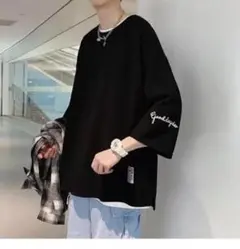 春夏秋 メンズ 七分袖 ビッグシルエット Tシャツ ブラック