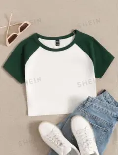 SHEIN ラグラン ミニ丈Tシャツ グリーン Ｍサイズ