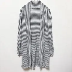 【L相当】 袖シャーリング ボーダー柄 ロングカーディガン モノトーン ミドル丈