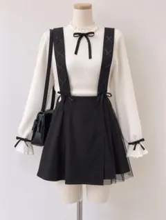 サスペンダー付き フレアミニスカート ブラック 2way