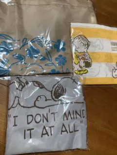 3枚セット スヌーピーPEANUTS エコバッグ2（ベージュ，グレー）手ぬぐい1