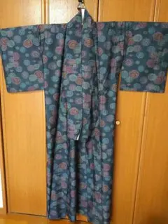 美品 単衣 紬風 幾何学・花文様 ゆったりサイズのサムネイル