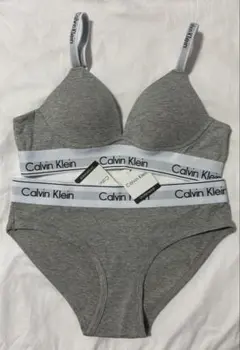 カルバンクライン上下セット 三角ブラ×ショーツ(ロゴ付きストラップ)グレーM