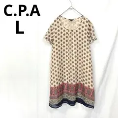 C.P.A▶半袖ワンピース L ベージュ 赤 花柄 膝丈 薄手 上品 きれいめ