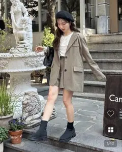 フェイクレザーBIGブルゾンフリルスカートセットアップ（Heather 