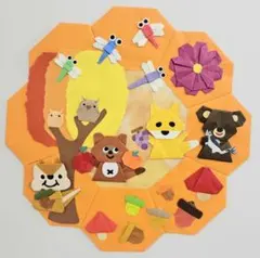 折り紙リース　秋の森　たぬき、きつね、りす、くま　10月11月