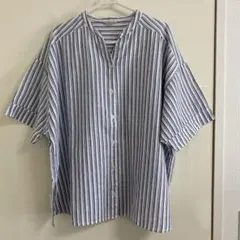 Samansa Mos2 半袖ストライプシャツ　ネイビー　フリーサイズ