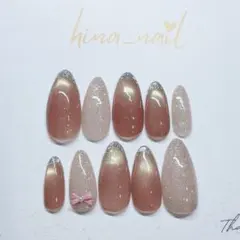 ネイルチップ　マグネット&フラッシュ　ガラスフレンチ　春ネイル　リボン付