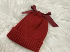petit main リボン付き赤ニット帽 M