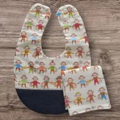 ハンドメイド ガーゼスタイ＆ハンカチセット おさる柄