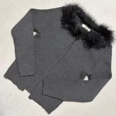 00's vintage グレー リブニットカーディガン フェザーカラー