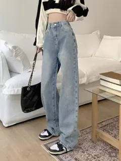ウォッシュドワイドレッグジーンズ ライトウォッシュ shein デニム