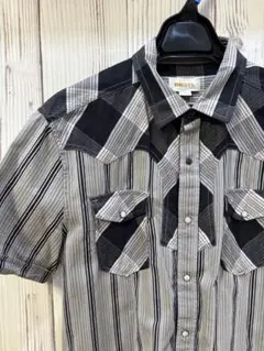 DIESEL ディーゼル 半袖ウエスタンシャツ ストライプ チェック切替 グレーのサムネイル