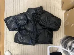 黒 合成皮革 フード付きダウンジャケット