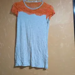 ZARA COLLECTION レース切替 半袖Tシャツ グレー オレンジのサムネイル