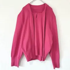 ▽ヴィンテージ　ニット　ボウタイ　鮮やかなピンク　ゆったりシルエット　Lサイズ