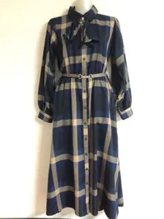 ｒ・ｐ・ｓ　チェック柄ワンピース ベルト付き 長袖 ネイビー ベージュ　美品