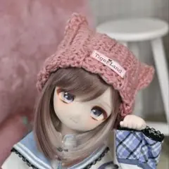 手編みニット帽　猫耳　ピンク