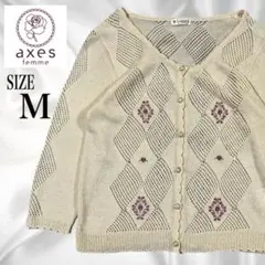 axes femme ダイヤ柄 透かし編み 長袖カーディガン M ビジューパール