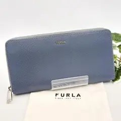 【超美品】FURLA フルラ 長財布 ブルーグレー 保存袋付き ラウンドジップ