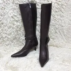 ru ロングブーツ ポインテッドトゥ リボン サイドジップ ブラウン 24.5