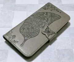 手帳型 iPhone7Plus/8Plus 用 ケース 蝶 花柄 グレー 灰色